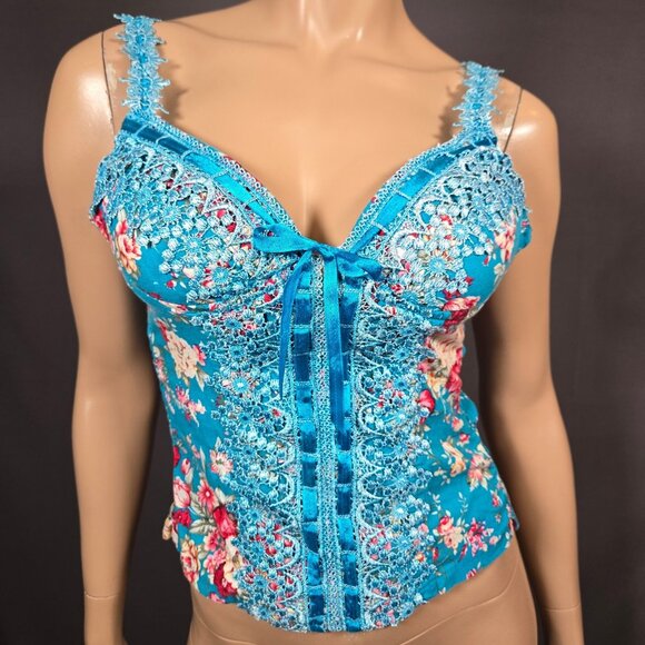 Y2K Blue Floral Lace Bustier Top Ribbon Bow Size M Fairy Feminine Coquette - Picture 2 of 10